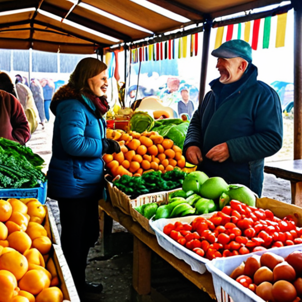 **

A vibrant farmer's market scene in Ukraine. Stalls overflowing with colorful organic produce (fruits, vegetables, dairy). People of diverse ages are shopping, smiling and interacting with farmers. Focus on the freshness and natural appeal of the food. Sunlight filtering through the scene. Keywords: Ukrainian farmer's market, organic food, healthy eating, local produce, community.

**