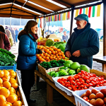 **

A vibrant farmer's market scene in Ukraine. Stalls overflowing with colorful organic produce (fruits, vegetables, dairy). People of diverse ages are shopping, smiling and interacting with farmers. Focus on the freshness and natural appeal of the food. Sunlight filtering through the scene. Keywords: Ukrainian farmer's market, organic food, healthy eating, local produce, community.

**