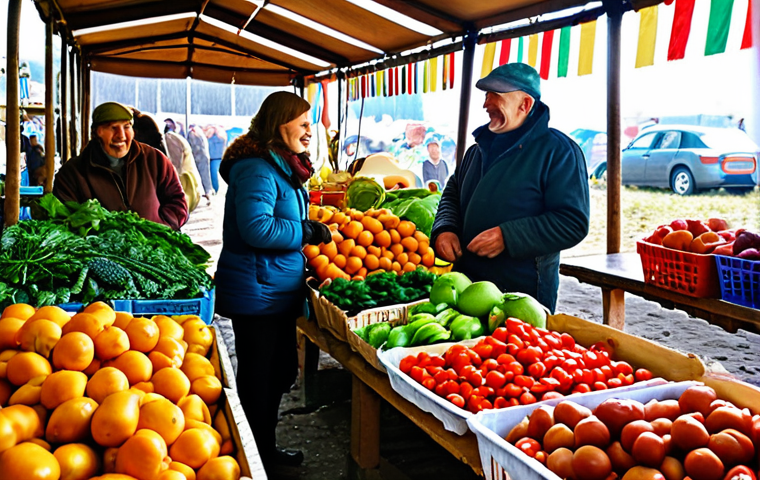 **
A vibrant farmer's market scene in Ukraine. Stalls overflowing with colorful organic produce (fruits, vegetables, dairy). People of diverse ages are shopping, smiling and interacting with farmers. Focus on the freshness and natural appeal of the food. Sunlight filtering through the scene. Keywords: Ukrainian farmer's market, organic food, healthy eating, local produce, community.
**