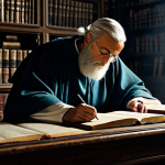 **An ancient male scholar** in modest, traditional robes, fully clothed, meticulously illuminating a large, open manuscript with a quill. He is seated at a sturdy wooden desk in a dimly lit, ancient library. Tall shelves overflowing with old scrolls and bound volumes line the stone walls, suggesting a centuries-old structure. Soft light from a single candle casts a contemplative glow on his work. Perfect anatomy, correct proportions, natural pose, well-formed hands, proper finger count, natural body proportions, professional photography, high quality, safe for work, appropriate content, family-friendly, professional dress, appropriate attire.