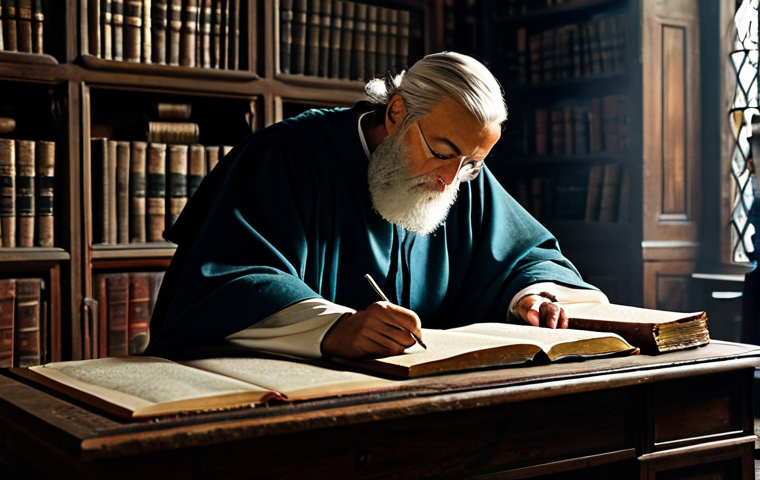 **An ancient male scholar** in modest, traditional robes, fully clothed, meticulously illuminating a large, open manuscript with a quill. He is seated at a sturdy wooden desk in a dimly lit, ancient library. Tall shelves overflowing with old scrolls and bound volumes line the stone walls, suggesting a centuries-old structure. Soft light from a single candle casts a contemplative glow on his work. Perfect anatomy, correct proportions, natural pose, well-formed hands, proper finger count, natural body proportions, professional photography, high quality, safe for work, appropriate content, family-friendly, professional dress, appropriate attire.