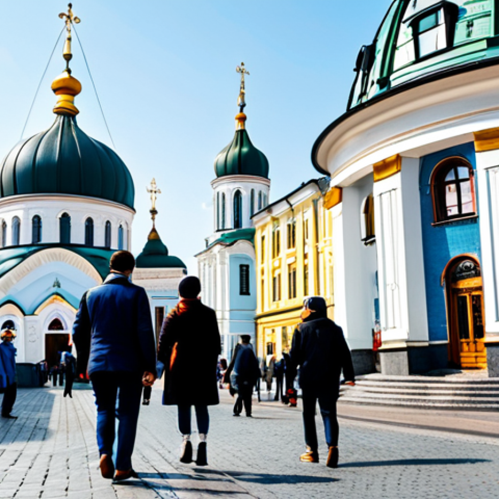 A vibrant city scene in Kyiv, capturing its remarkable resilience and historical grandeur. In the foreground, people in diverse professional and modest attire are seen engaging in daily activities, walking past modern cafes and utilizing public transport. In the background, the iconic domes of a historical church stand majestically against a clear sky, symbolizing enduring heritage. Subtle elements of smart city technology are integrated into the urban landscape, suggesting digital adaptation and future progress. The overall mood is hopeful and dynamic, conveying a sense of renewal. Professional photography, high quality, perfect anatomy, correct proportions, natural pose, well-formed hands, proper finger count, natural body proportions, safe for work, appropriate content, fully clothed, professional, family-friendly.