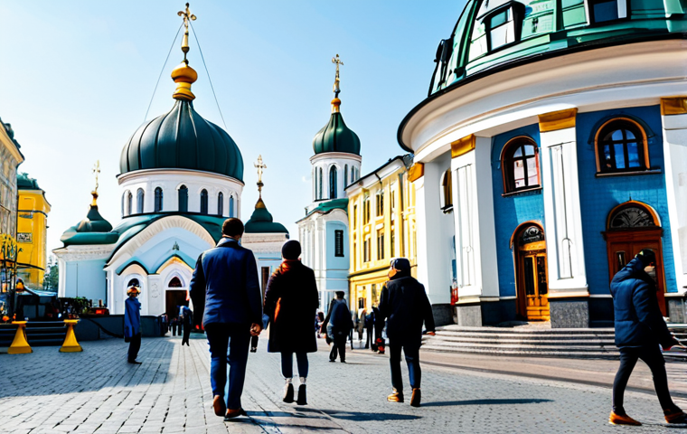 A vibrant city scene in Kyiv, capturing its remarkable resilience and historical grandeur. In the foreground, people in diverse professional and modest attire are seen engaging in daily activities, walking past modern cafes and utilizing public transport. In the background, the iconic domes of a historical church stand majestically against a clear sky, symbolizing enduring heritage. Subtle elements of smart city technology are integrated into the urban landscape, suggesting digital adaptation and future progress. The overall mood is hopeful and dynamic, conveying a sense of renewal. Professional photography, high quality, perfect anatomy, correct proportions, natural pose, well-formed hands, proper finger count, natural body proportions, safe for work, appropriate content, fully clothed, professional, family-friendly.