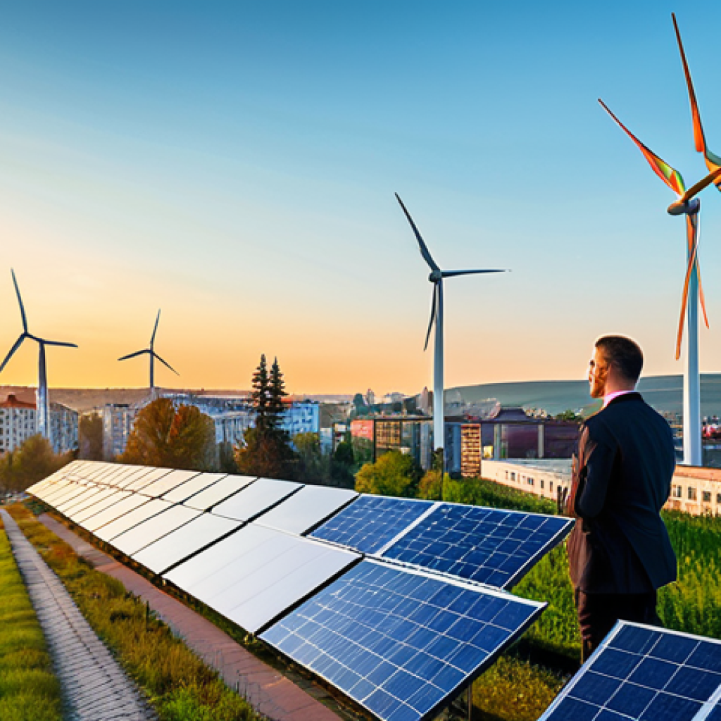 **

"A vibrant, modern Ukrainian city skyline at sunset, featuring eco-friendly buildings with solar panels and green roofs. People are walking on the streets, dressed in professional attire, some are holding laptops, showcasing a thriving IT sector. In the background, wind turbines can be seen on distant hills. Overall mood is optimistic and energetic. Safe for work, appropriate content, fully clothed, professional, family-friendly, perfect anatomy, correct proportions, natural pose, well-formed hands, proper finger count, natural body proportions."

**