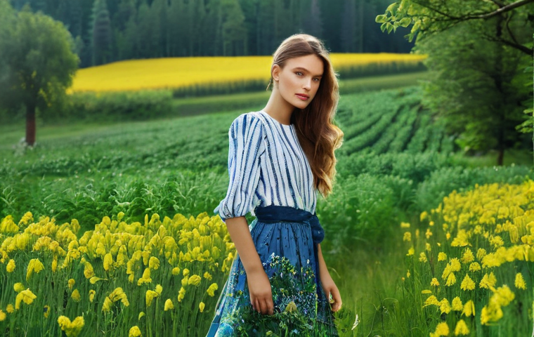 우크라이나 패션 스타일 - A stylish young woman, elegantly dressed in a contemporary linen maxi dress, featuring intricate tra...