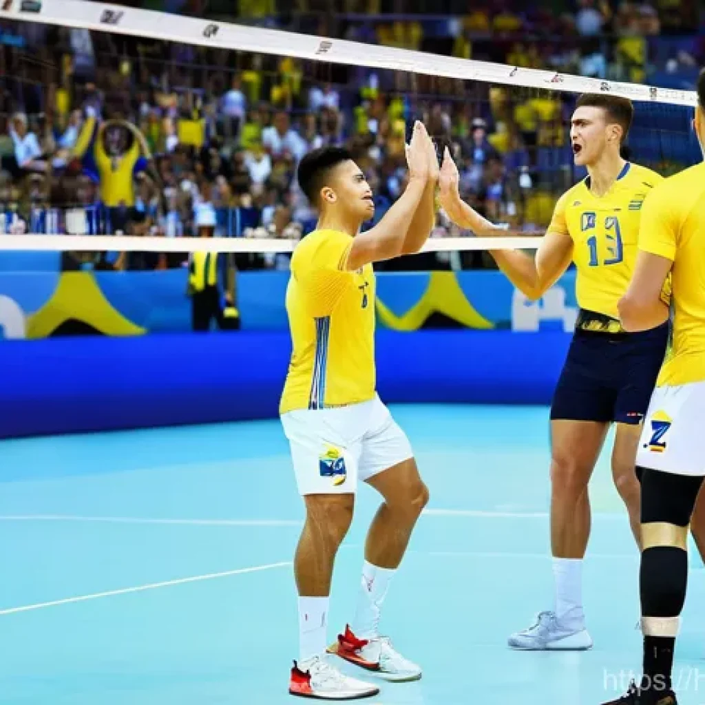 우크라이나 배구 대표팀 - **Prompt:** "A dynamic and emotionally charged scene of the Ukrainian men's national volleyball team...