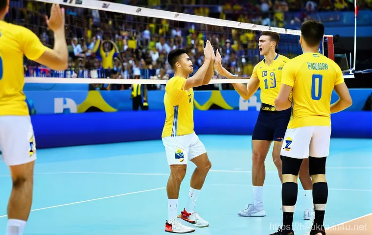 우크라이나 배구 대표팀 - **Prompt:** "A dynamic and emotionally charged scene of the Ukrainian men's national volleyball team...