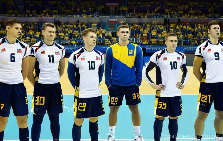 우크라이나 배구 대표팀 - **Prompt:** "A dynamic and emotionally charged scene of the Ukrainian men's national volleyball team...