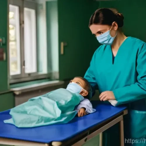 우크라이나 병원 및 의료 서비스 - **Prompt:** A determined Ukrainian doctor, wearing scrubs and a medical mask, attentively examines a...