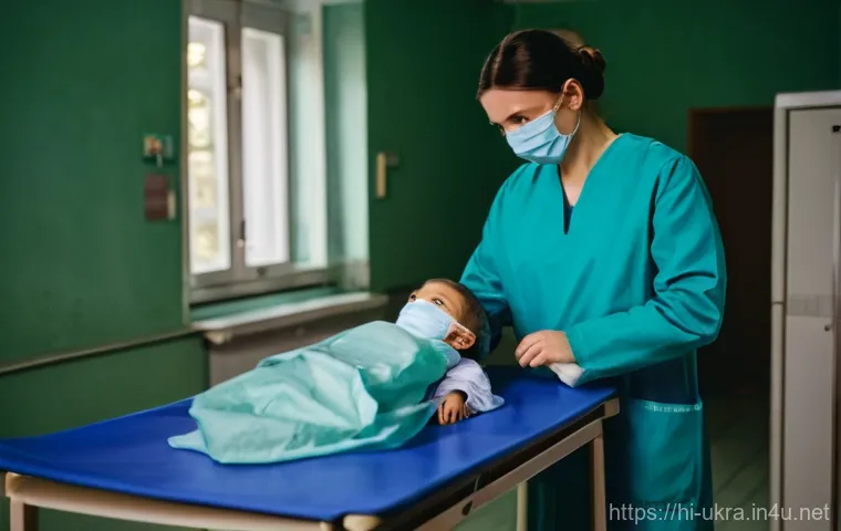 우크라이나 병원 및 의료 서비스 - **Prompt:** A determined Ukrainian doctor, wearing scrubs and a medical mask, attentively examines a...