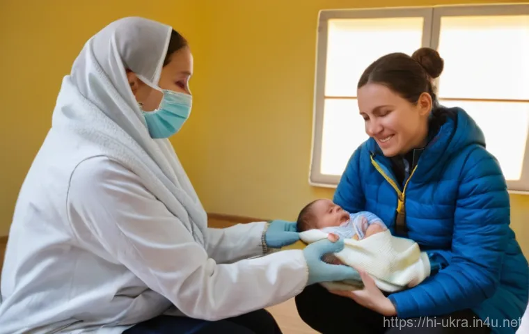 우크라이나 병원 및 의료 서비스 - **Prompt:** A vibrant scene of humanitarian aid being delivered in a war-affected Ukrainian town. Se...