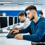 우크라이나 대학 순위 - A modern Ukrainian technical university campus scene showing diverse international students in casua...