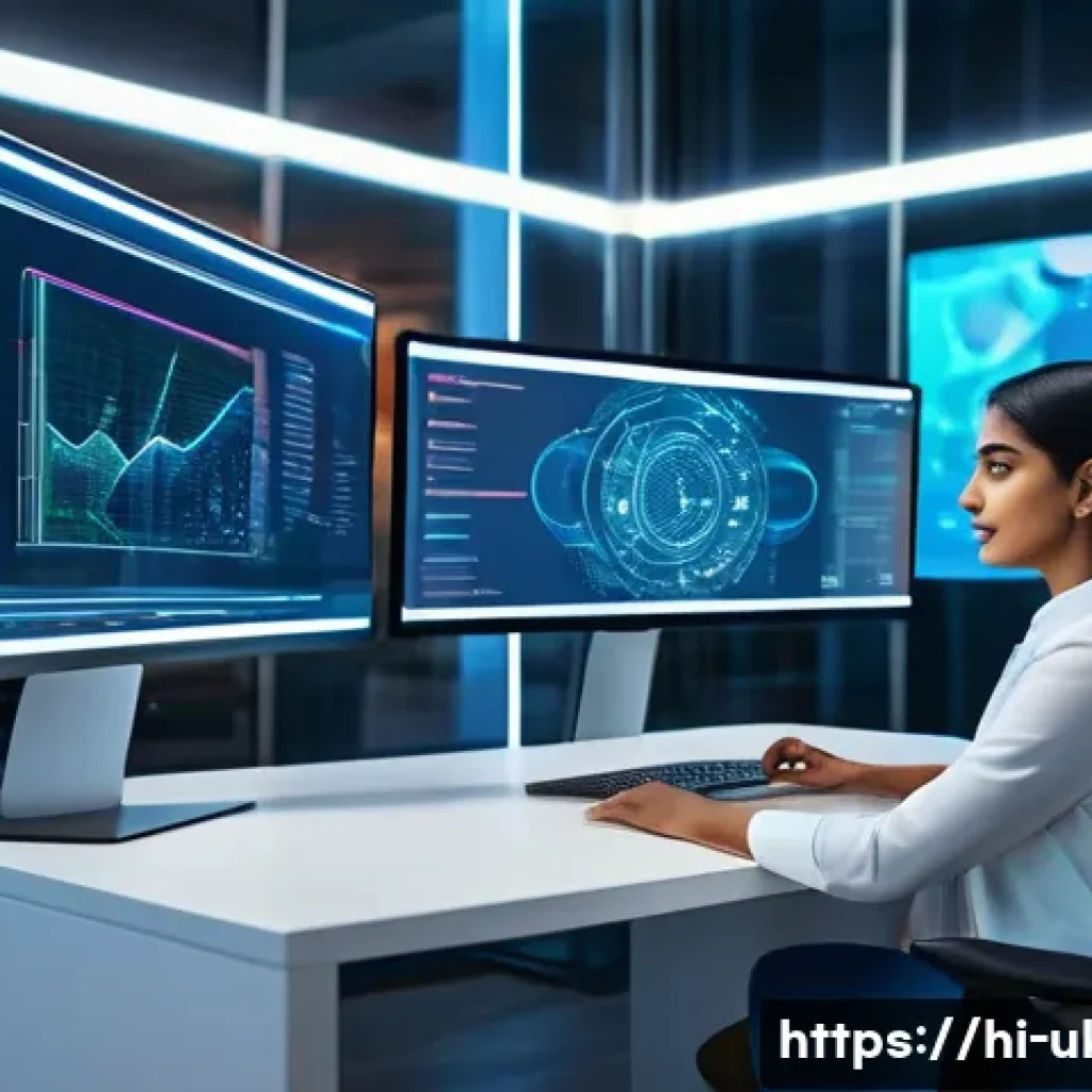 우크라이나에서 인기 있는 직업 - A vibrant digital workspace scene featuring a young Indian professional woman in modest office attir...