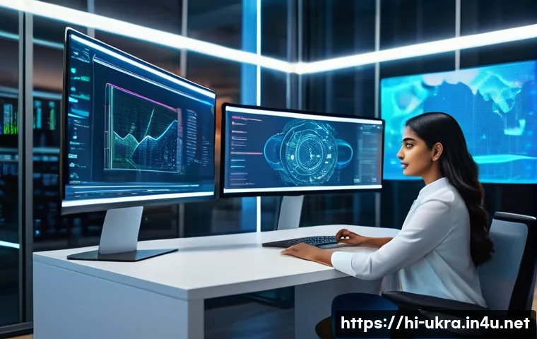 우크라이나에서 인기 있는 직업 - A vibrant digital workspace scene featuring a young Indian professional woman in modest office attir...