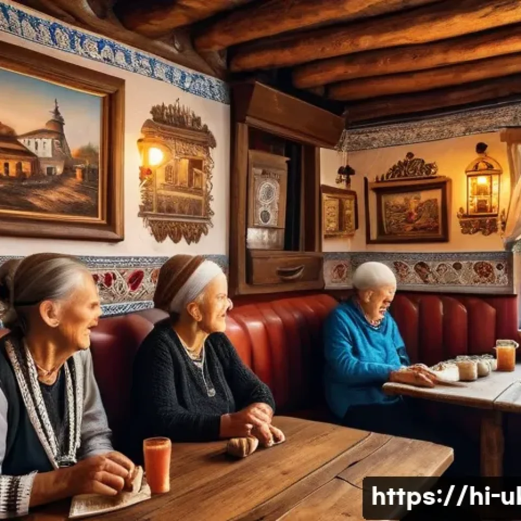 우크라이나에서 가장 오래된 카페 - A cozy Ukrainian cafe interior showcasing traditional decor with rustic wooden furniture, embroidere...