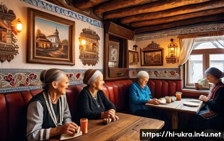 우크라이나에서 가장 오래된 카페 - A cozy Ukrainian cafe interior showcasing traditional decor with rustic wooden furniture, embroidere...