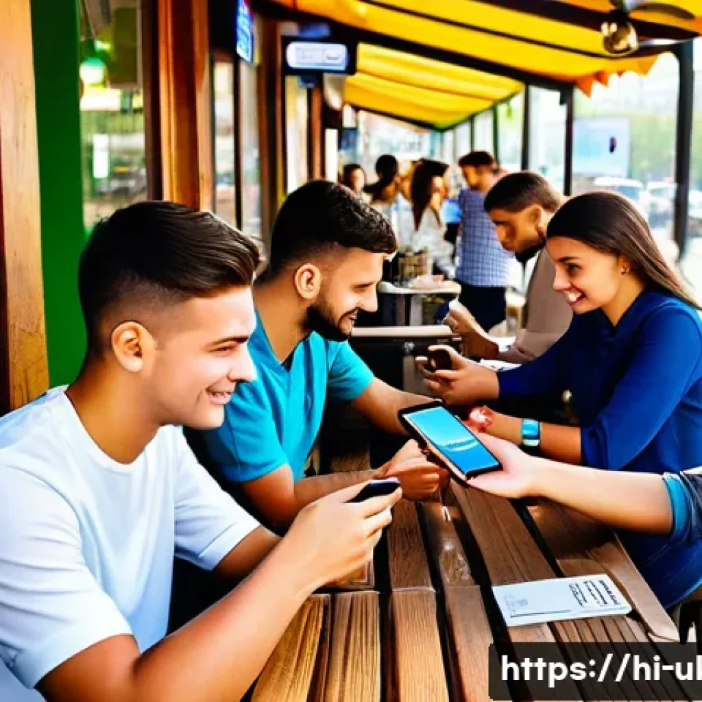 우크라이나 온라인 쇼핑 트렌드 - A vibrant, modern Ukrainian urban scene showing young people using smartphones for digital payments ...