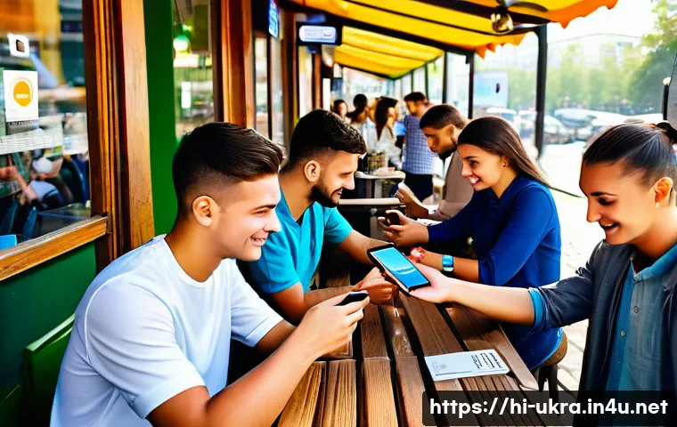 우크라이나 온라인 쇼핑 트렌드 - A vibrant, modern Ukrainian urban scene showing young people using smartphones for digital payments ...