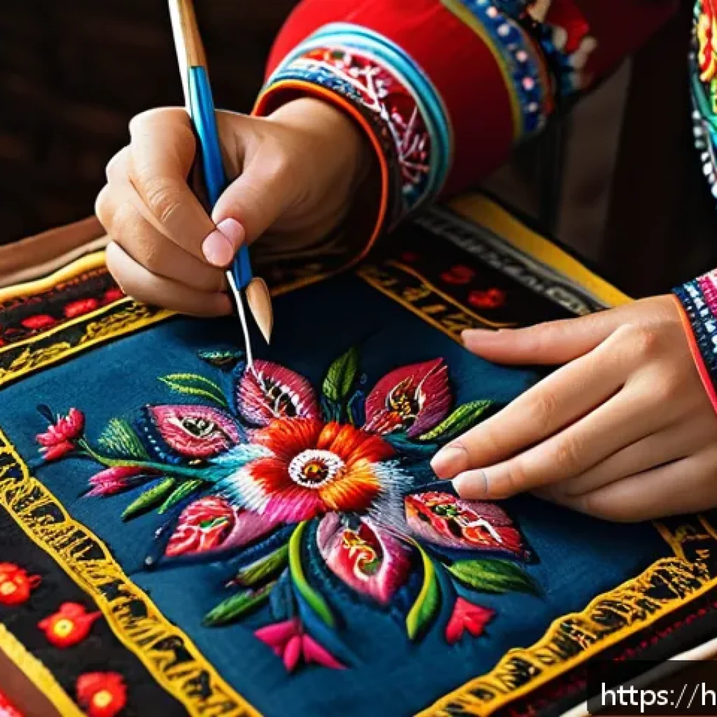 우크라이나 민속 박물관 추천 - A vibrant scene showcasing a skilled Ukrainian artisan meticulously embroidering a traditional garme...