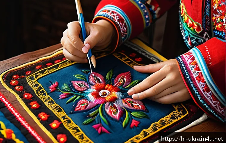 우크라이나 민속 박물관 추천 - A vibrant scene showcasing a skilled Ukrainian artisan meticulously embroidering a traditional garme...