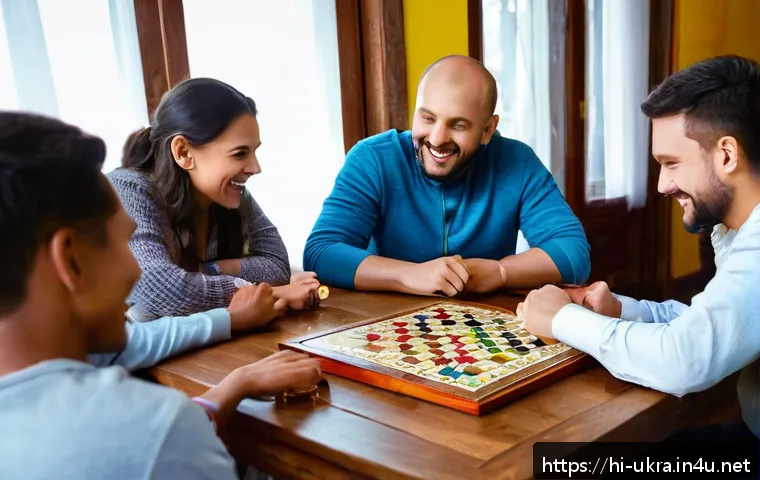 우크라이나에서 유명한 보드게임 - A lively scene of a diverse group of friends and family members sitting around a wooden table playin...