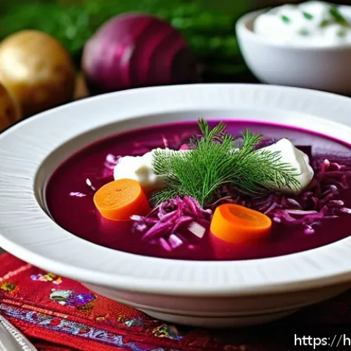Home 31 우크라이나에서 인기 있는 요리사 - A beautifully plated traditional Ukrainian borscht soup served in a rustic ceramic bowl, featuring v...