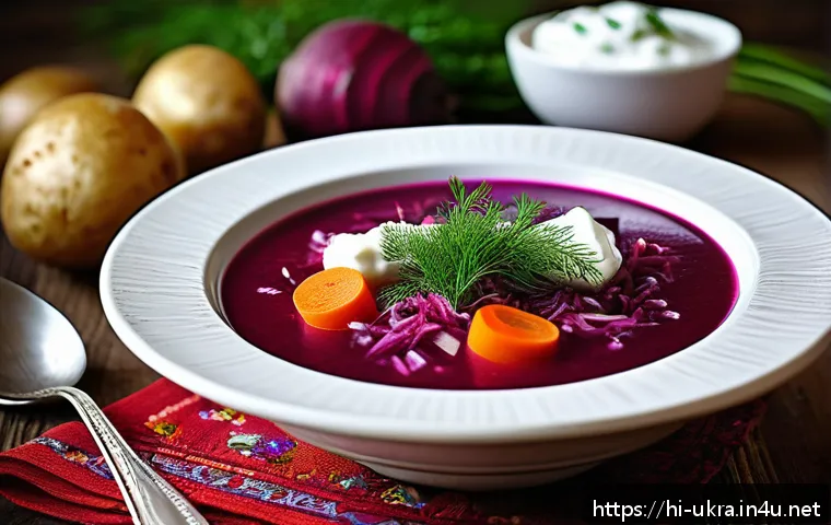 우크라이나에서 인기 있는 요리사 - A beautifully plated traditional Ukrainian borscht soup served in a rustic ceramic bowl, featuring v...
