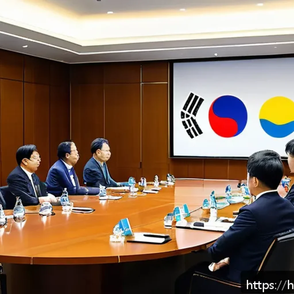 우크라이나와 한국 관계 - A detailed scene of a diplomatic meeting between South Korean and Ukrainian high-level delegates in ...