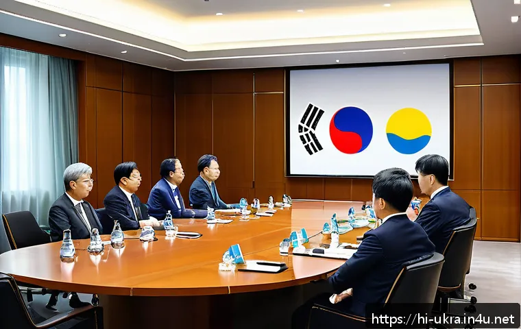 우크라이나와 한국 관계 - A detailed scene of a diplomatic meeting between South Korean and Ukrainian high-level delegates in ...