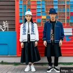 Home 23 우크라이나 한류 인기 - A vibrant street scene in Kyiv showcasing young Ukrainian men and women wearing fusion fashion that ...
