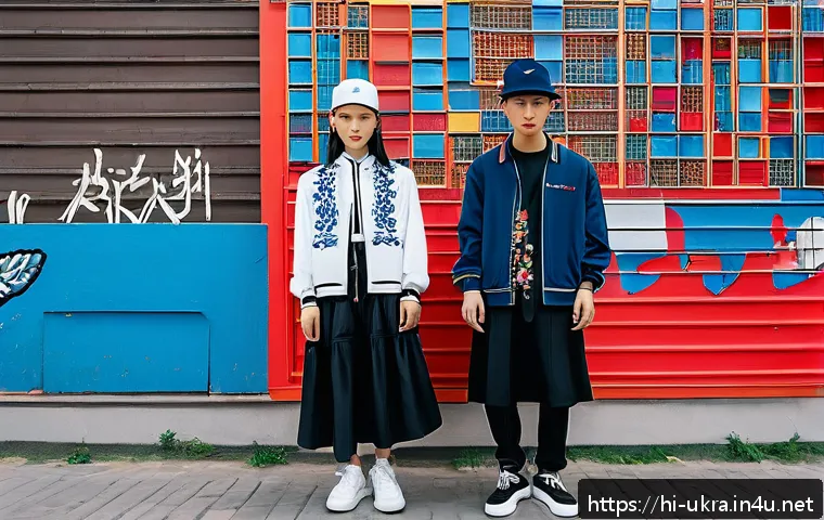 우크라이나 한류 인기 - A vibrant street scene in Kyiv showcasing young Ukrainian men and women wearing fusion fashion that ...
