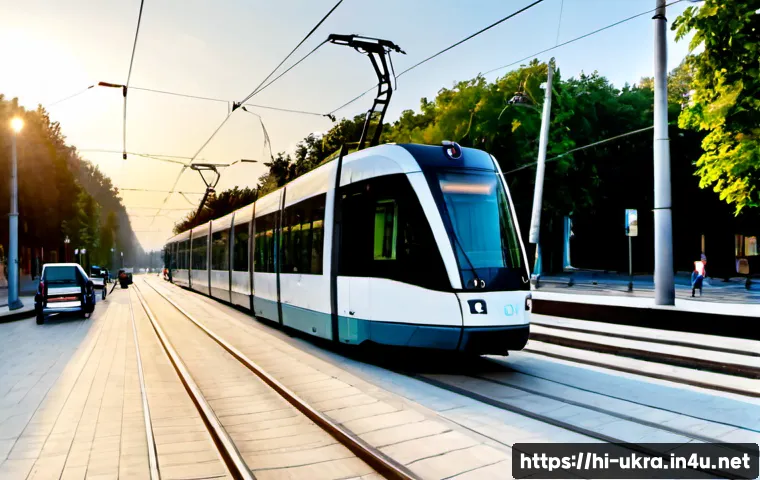 Home 17 우크라이나 교통 시스템 - Photorealistic wide-angle view of a modern electric tram moving along clean tracks through a rebuilt...